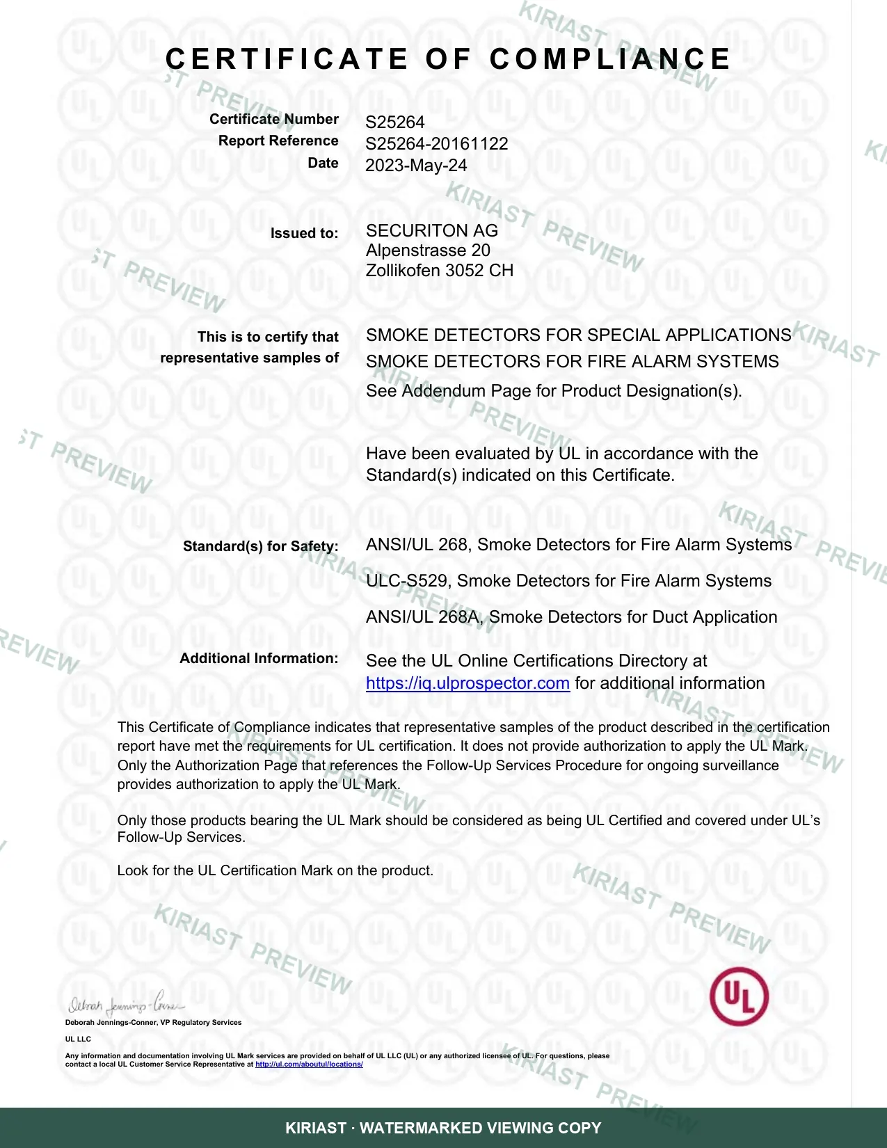 ASD 531 / ASD 532 UL 符合性证书水印预览