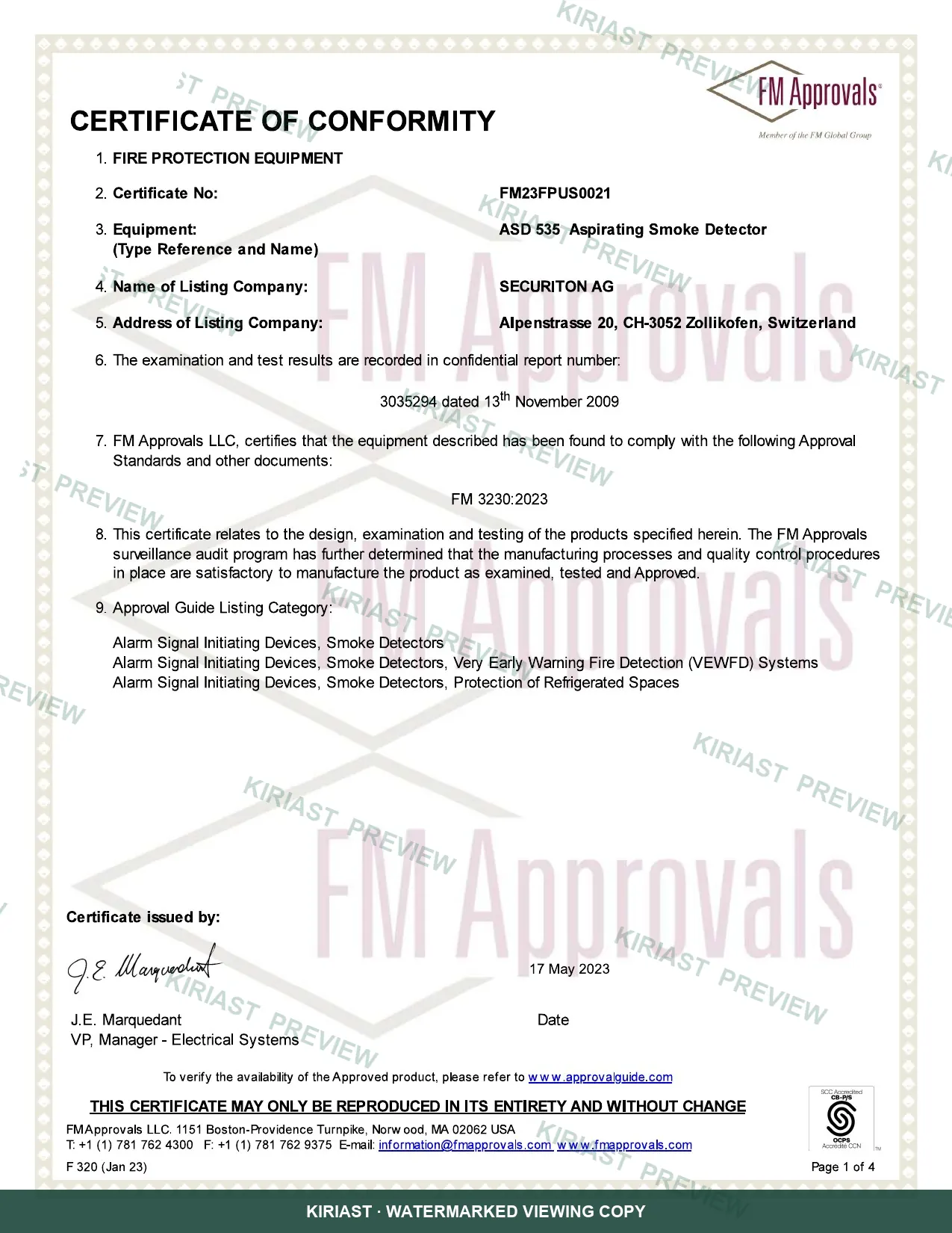 ASD 535 系列 FM 符合性证书水印预览